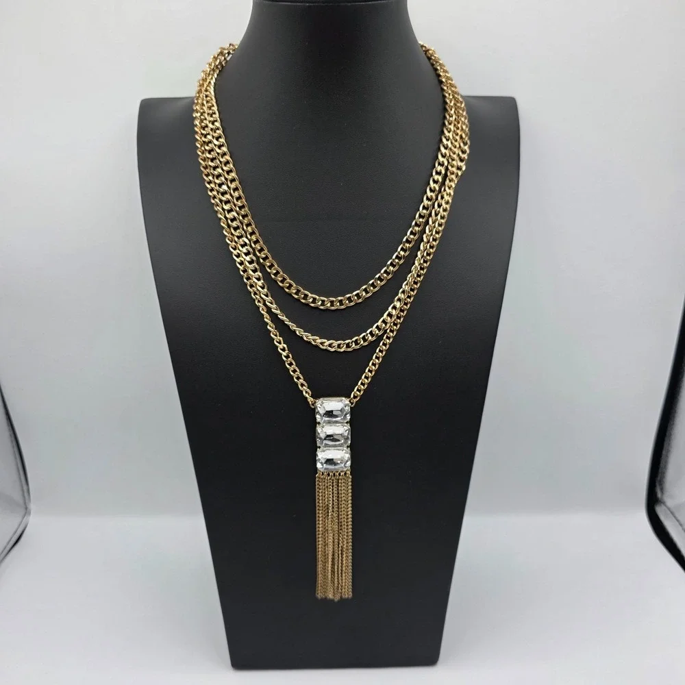 Womens Multi Strand Gold Tone‎ Womens Necklace Fringe Long Pendant 34